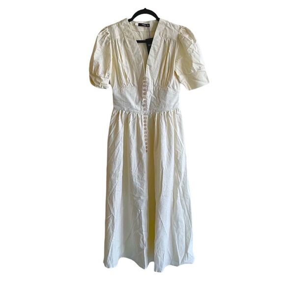 MOLEGI Short Sleeve Midi Dress Button Front Front Slit Cream S - Picture 1 of 8